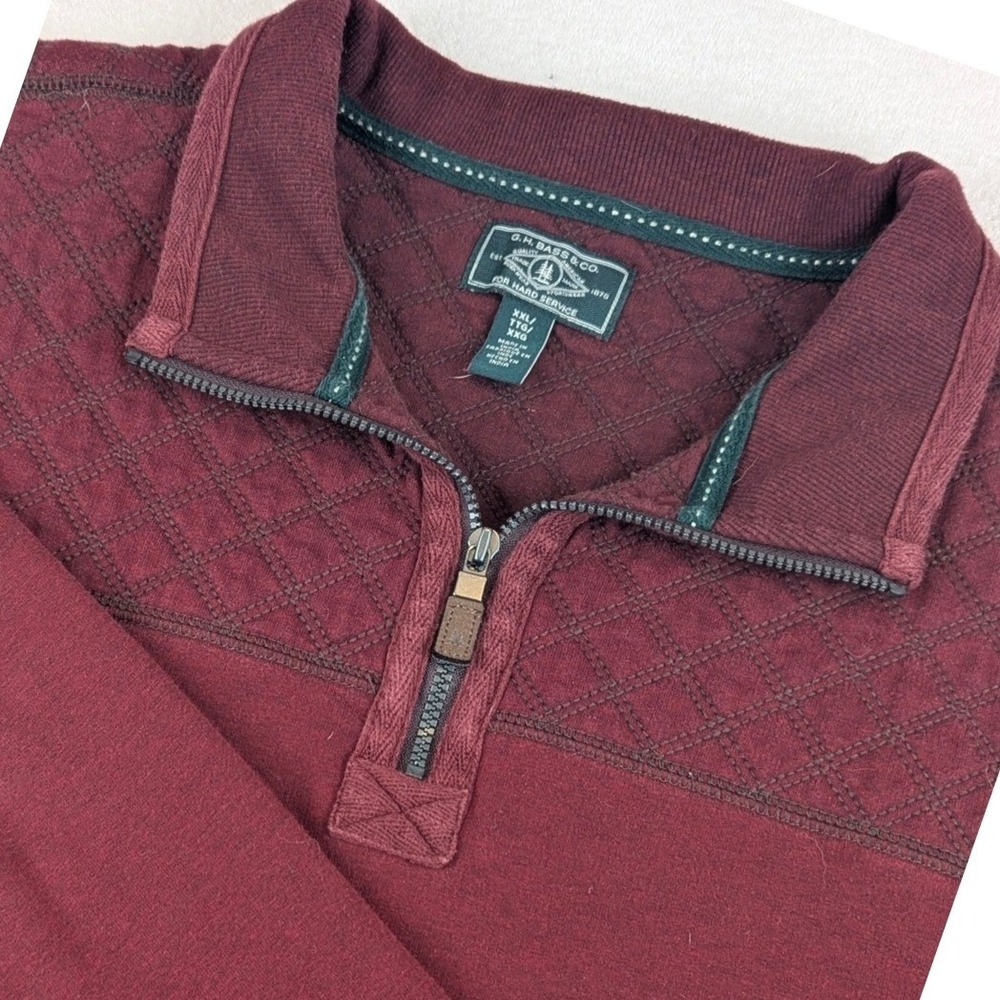 GH Bass Mens Quarter Zip Pullover Sweater‎ Burgundy Quilted Top XXL